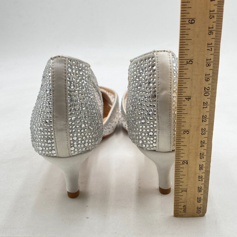 XYD Ivory Mesh Pointed Toe D'Orsay Kitten Heel Rhinestone Studs Slip-On Shoes - Picture 5 of 8